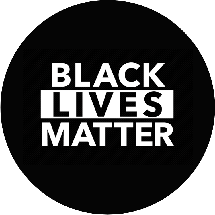 "Black Lives Matter" circle-shaped emblem with black background and white text